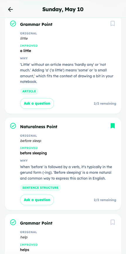 첨삭 상세 화면. Grammar Point, Original, Improved, WHY가 보입니다.